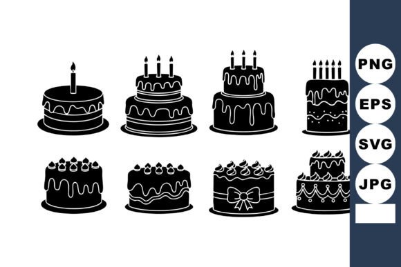 Birthday Cake Icons Set with Candles & Graphics for Illustrations & Digital Selling