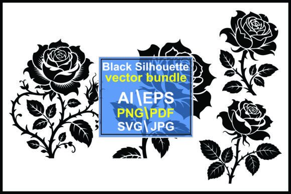 Black Rose Silhouettes with Leaves Collection – Elegant Graphics for Editorial & Web Design