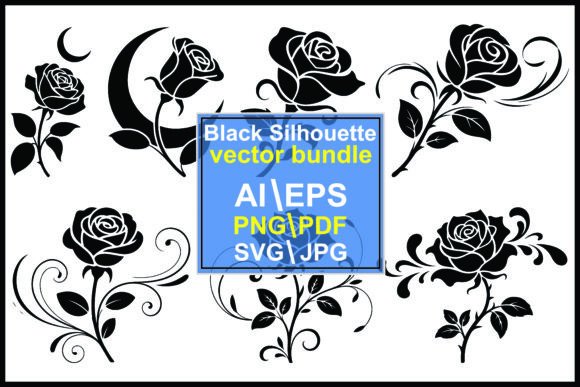 Elegant Black Rose and Crescent Moon Graphics for Editorial and Web Design