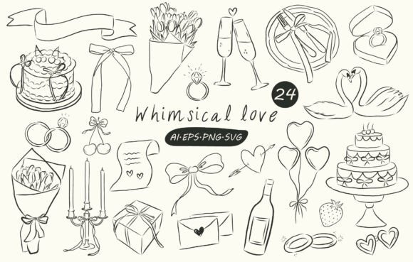 Romantic Doodle Clipart Set: Soft, Hand-Drawn Graphics for Wedding & Valentine’s Branding