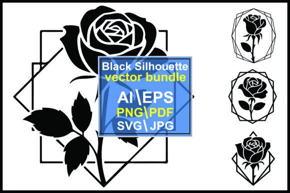 Rose Silhouettes with Geometric Frames Graphics & Illustrations