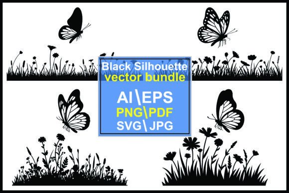 Silhouette Butterflies Flying Wildflower Graphics for Branding and Illustrations