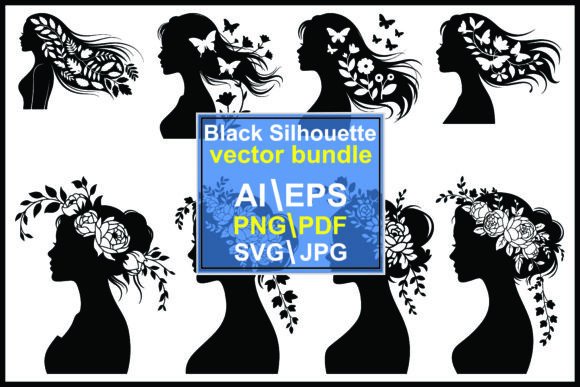 Silhouette of a Woman with Flower Hair Graphics for Illustrations