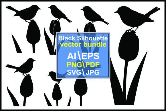 Silhouettes of Birds on Tulip Buds Graphics & Illustrations for Digital Sellers