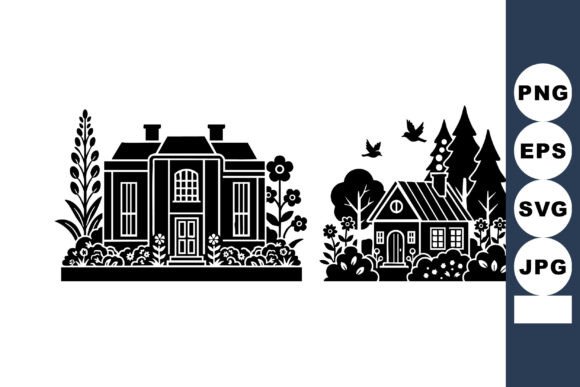 Two Charming Black Silhouette Houses Wit: A Versatile Graphic for Handmade Crafts and Cricut Projects