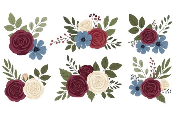 Vintage Floral Graphics: Red White Rose Bouquet Set for Real Design Projects